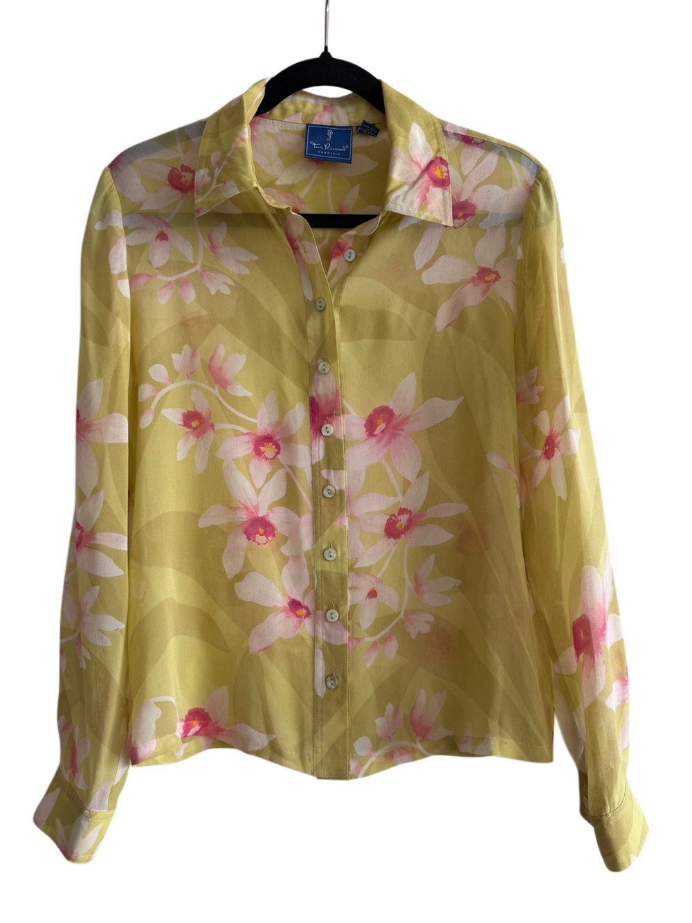 100% Silk Floral Sheer Feminine Botanical Long Sleeve Button-Up Blouse Size 6